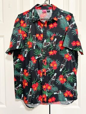 Coca Cola Black Tropical Floral Shirt Large 100% Cotton
